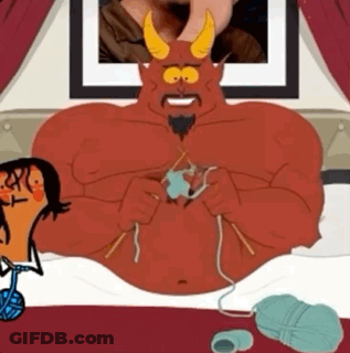 A Cartoon Of A Devil Knitting On A Bed Next To A Woman GIF