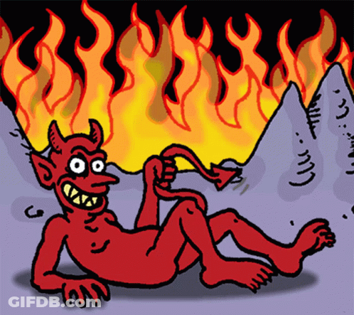 A Cartoon Of A Devil Laying In Front Of A Mountain Of Fire GIF
