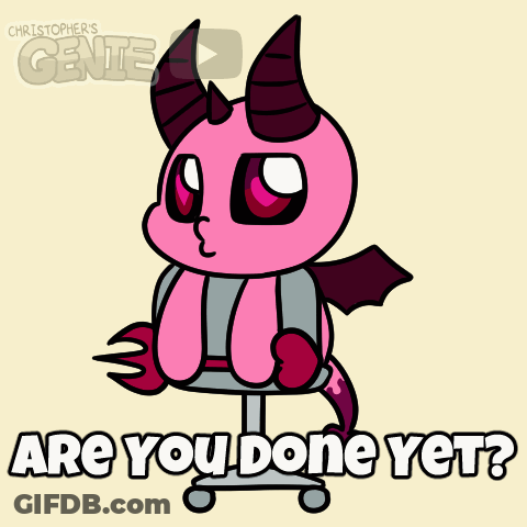 A Cartoon Of A Devil Sitting In A Chair With The Words " Are You Done Yet " GIF