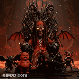 A Cartoon Of A Devil Sitting On A Throne Surrounded By Devils GIF