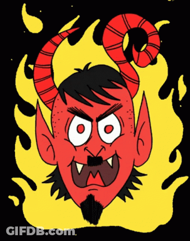 A Cartoon Of A Devil With Horns And Fangs GIF