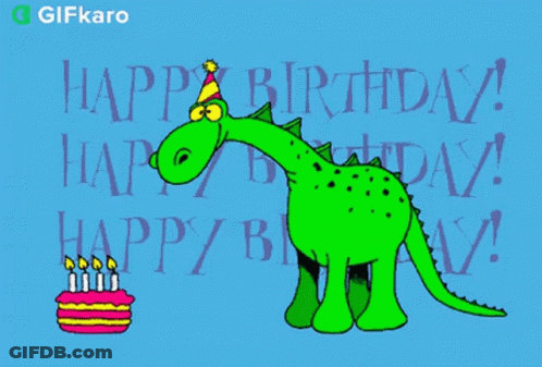 A Cartoon Of A Dinosaur Blowing Out A Birthday Cake GIF