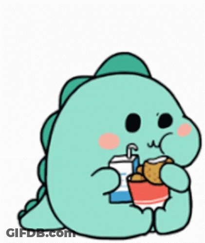 A Cartoon Of A Dinosaur Drinking Milk And Eating Chicken . GIF