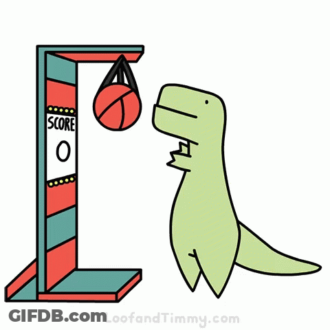 A Cartoon Of A Dinosaur Hitting A Punching Bag With The Words Score 0 On It GIF