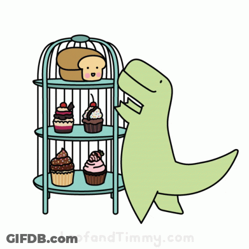 A Cartoon Of A Dinosaur Looking At Cupcakes And Bread GIF