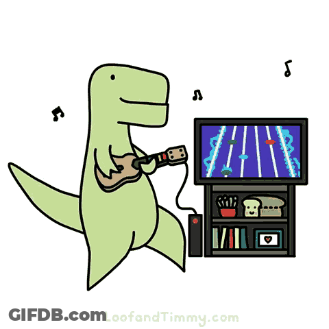 A Cartoon Of A Dinosaur Playing A Guitar Next To A Television GIF