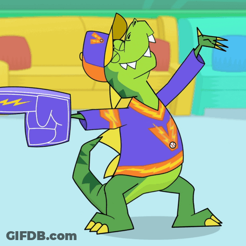 A Cartoon Of A Dinosaur Wearing A Purple Shirt And A Hat With The Letter V On It GIF