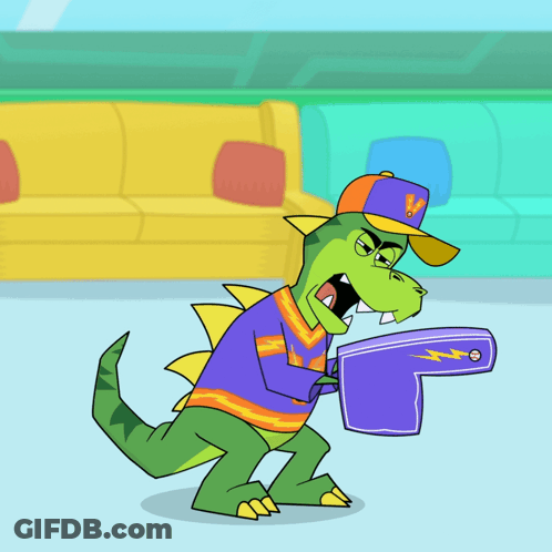 A Cartoon Of A Dinosaur Wearing A Purple Shirt And An Orange Hat With The Letter V On It GIF