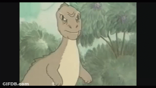 A Cartoon Of A Dinosaur With A Serious Look On His Face Standing In A Field . GIF