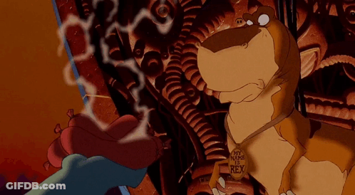 A Cartoon Of A Dinosaur With A Tag That Says My Name Is Rex GIF