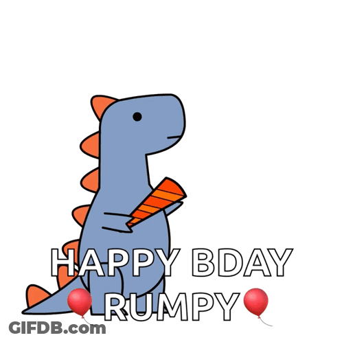 A Cartoon Of A Dinosaur With The Words Happy Bday Rumpy Written Below It GIF