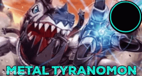 A Cartoon Of A Dinosaur With The Words Metal Tyranom On The Bottom . GIF