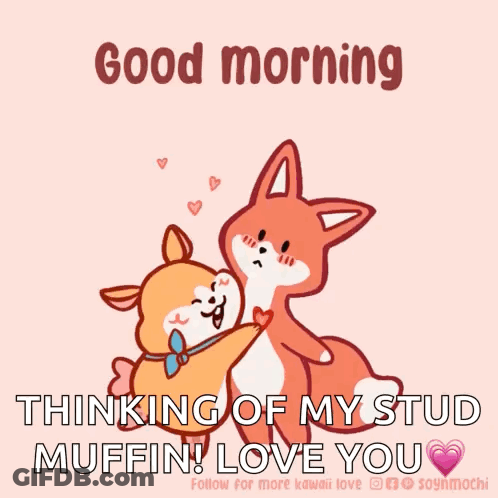 A Cartoon Of A Dog And A Fox Hugging With The Words " Good Morning Thinking Of My Stud Muffin ! Love You " GIF