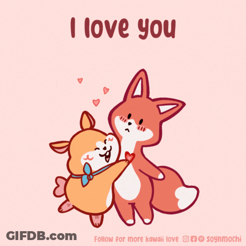 A Cartoon Of A Dog And A Fox Hugging With The Words I Love You Above Them GIF