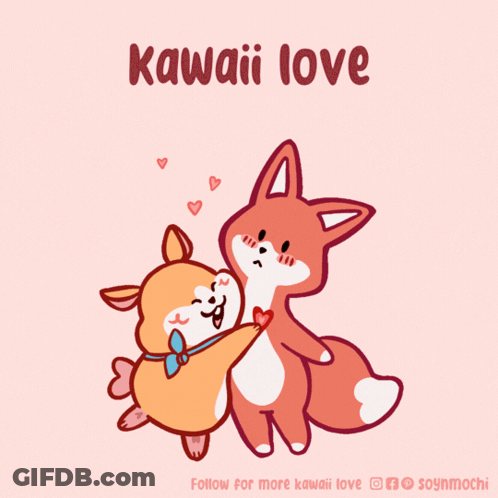 A Cartoon Of A Dog And A Fox Hugging With The Words " Kawaii Love " Above Them GIF
