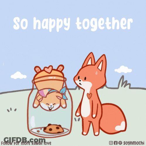 A Cartoon Of A Dog And A Fox With The Words So Happy Together GIF