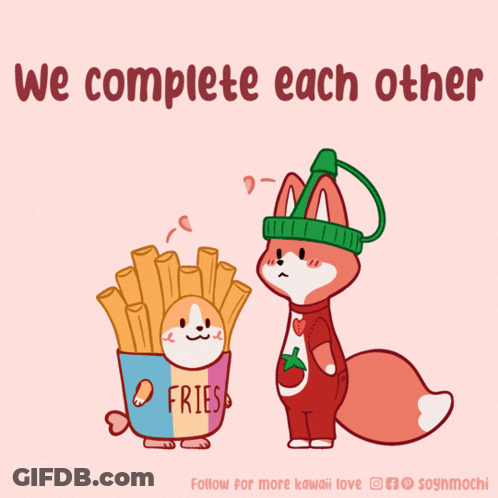 A Cartoon Of A Dog And A Fox With The Words We Complete Each Other GIF