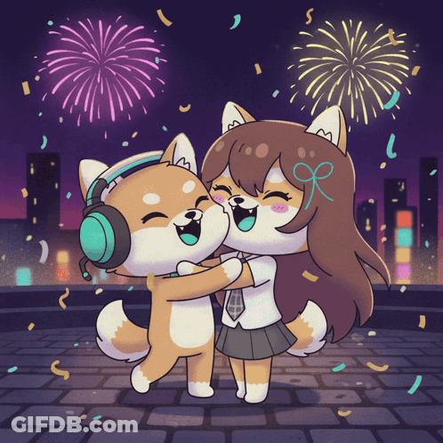 A Cartoon Of A Dog And A Girl Hugging Each Other With Fireworks In The Background GIF