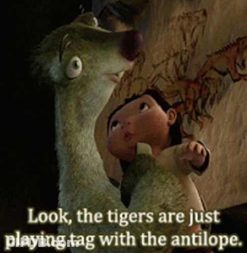 A Cartoon Of A Dog And A Little Girl With A Caption That Says Look The Tigers Are Just Playing Tag With The Antilope GIF