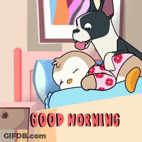 A Cartoon Of A Dog And A Squirrel Laying On A Bed With The Words " Good Morning " On The Bottom GIF