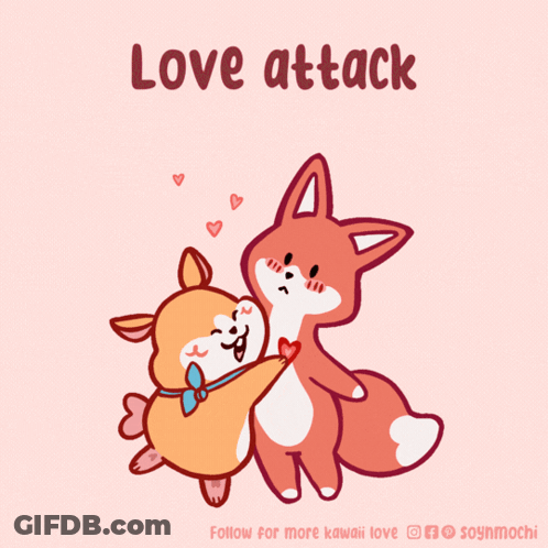 A Cartoon Of A Dog And Fox Hugging With The Words Love Attack Below Them GIF
