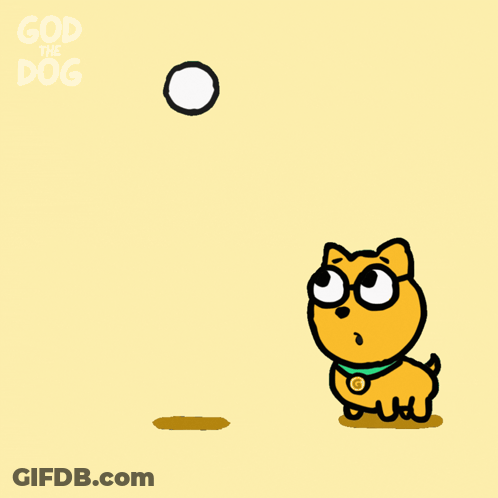 A Cartoon Of A Dog Catching A Ball With The Words God The Dog Below GIF