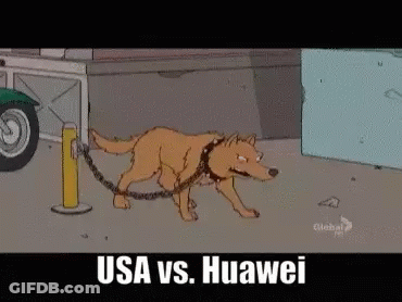 A Cartoon Of A Dog Chained To A Pole With The Words Usa Vs. Huawei Below It GIF