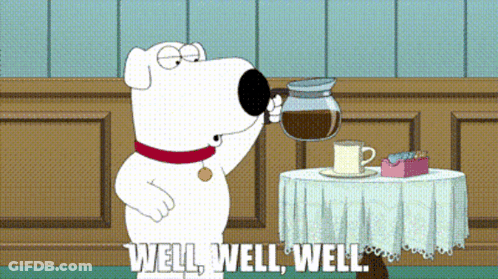 Dog Drinking Coffee With Well Well Well Text GIF