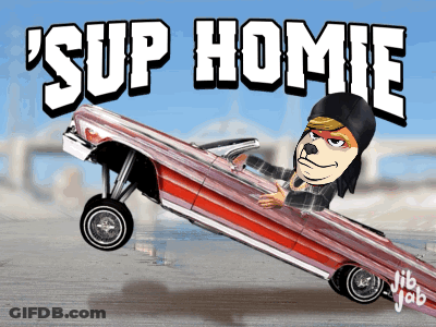 A Cartoon Of A Dog Driving A Lowrider Car With The Words ' Sup Homie ' Written Above It GIF