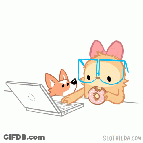 A Cartoon Of A Dog Eating A Donut Next To A Laptop With Slothilda.com Written Below It GIF