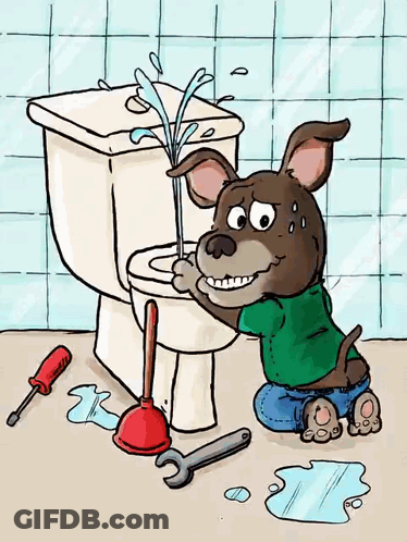 A Cartoon Of A Dog Fixing A Toilet GIF