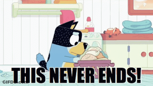 A Cartoon Of A Dog Holding A Basket Of Food With The Words This Never Ends GIF