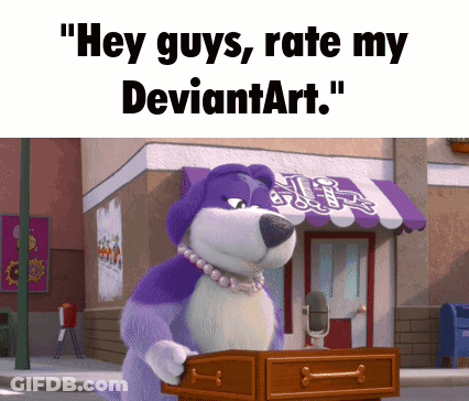 A Cartoon Of A Dog Holding A Box That Says " Hey Guys Rate My Deviantart " GIF