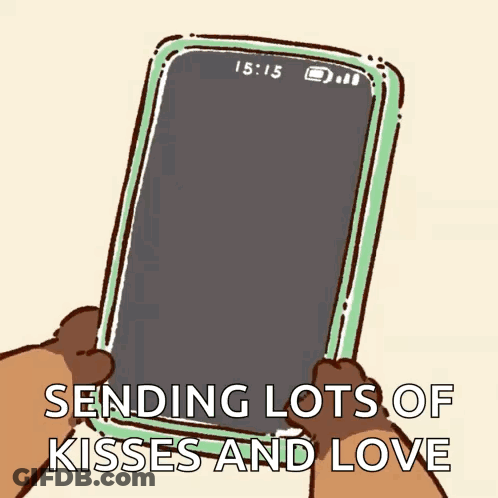 A Cartoon Of A Dog Holding A Cell Phone With The Words Sending Lots Of Kisses And Love GIF