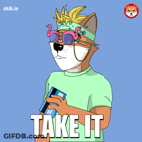 A Cartoon Of A Dog Holding A Credit Card And The Words Take It GIF