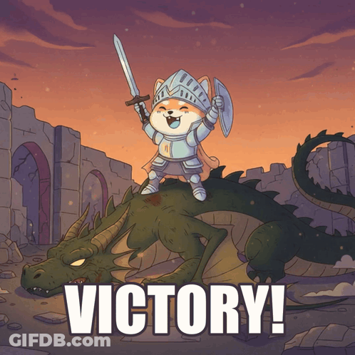 A Cartoon Of A Dog In Armor Riding On The Back Of A Dragon With The Words Victory Written Below It GIF