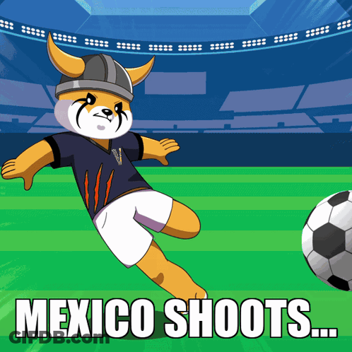 A Cartoon Of A Dog Kicking A Soccer Ball With Mexico Shoots Written Below It GIF