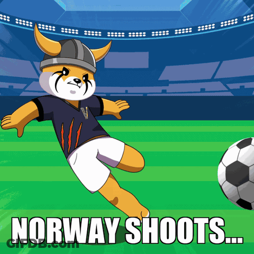 A Cartoon Of A Dog Kicking A Soccer Ball With The Caption " Norway Shoots ... " GIF