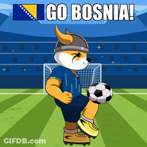 A Cartoon Of A Dog Kicking A Soccer Ball With The Words Go Bosnia GIF