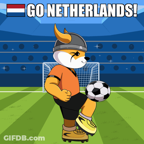 A Cartoon Of A Dog Kicking A Soccer Ball With The Words Go Netherlands GIF