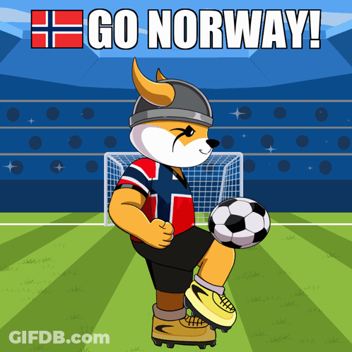 A Cartoon Of A Dog Kicking A Soccer Ball With The Words " Go Norway " Above Him GIF