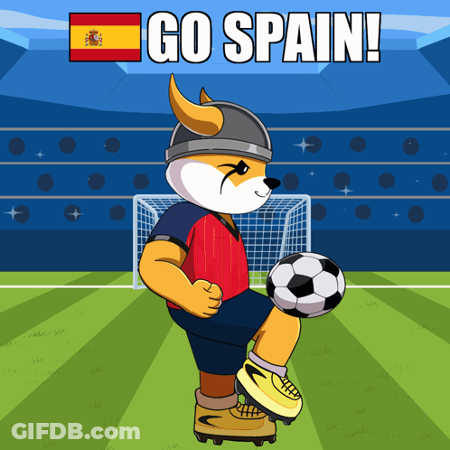A Cartoon Of A Dog Kicking A Soccer Ball With The Words Go Spain Written Above Him GIF