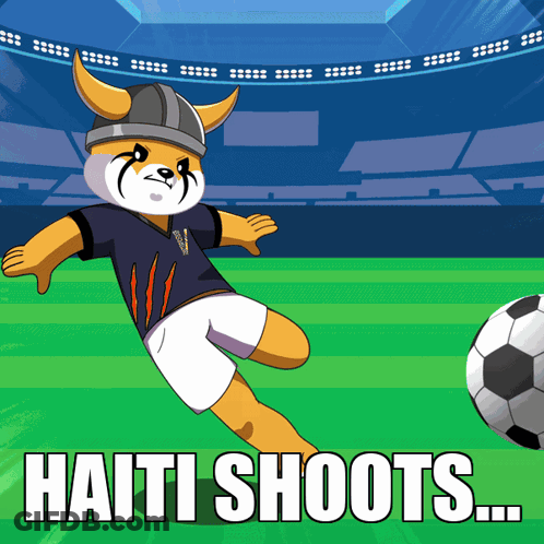 A Cartoon Of A Dog Kicking A Soccer Ball With The Words Haiti Shoots Below Him GIF