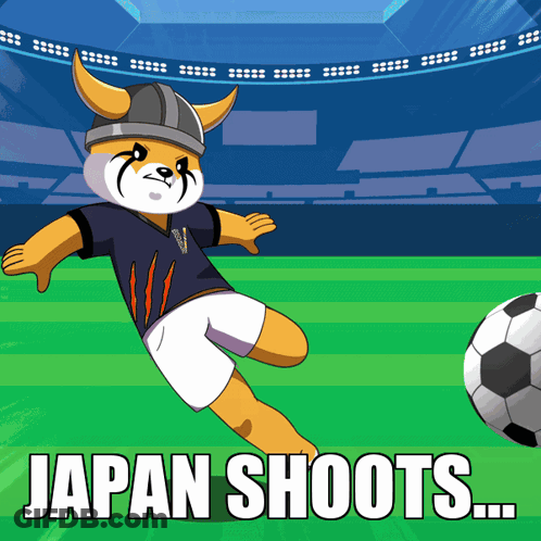 A Cartoon Of A Dog Kicking A Soccer Ball With The Words Japan Shoots Below Him GIF