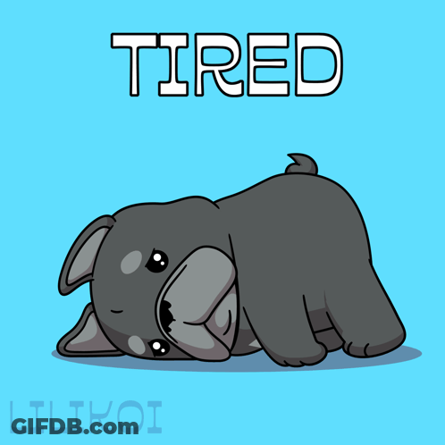 A Cartoon Of A Dog Laying Down With The Word Tired Written Above It GIF