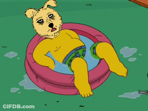 A Cartoon Of A Dog Laying In A Pool With The Words Tired Tuesday Below It GIF