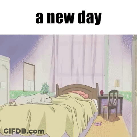 A Cartoon Of A Dog Laying On A Bed With The Words A New Day Above It GIF