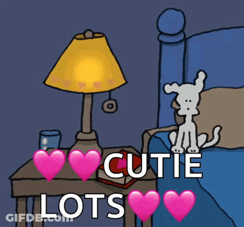 A Cartoon Of A Dog On A Bed With The Words Cutie Lots Above It GIF