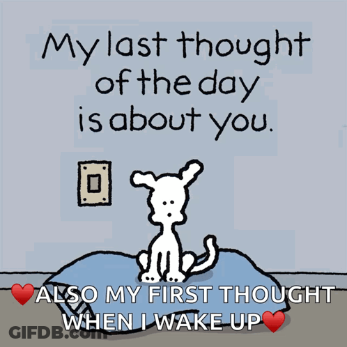 A Cartoon Of A Dog On A Bed With The Words My Last Thought Of The Day Is About You Also My First Thought When I Wake Up GIF