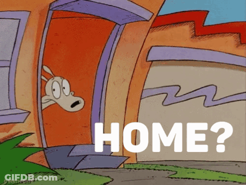 A Cartoon Of A Dog Peeking Out Of A Door With The Words Home Written Below It GIF